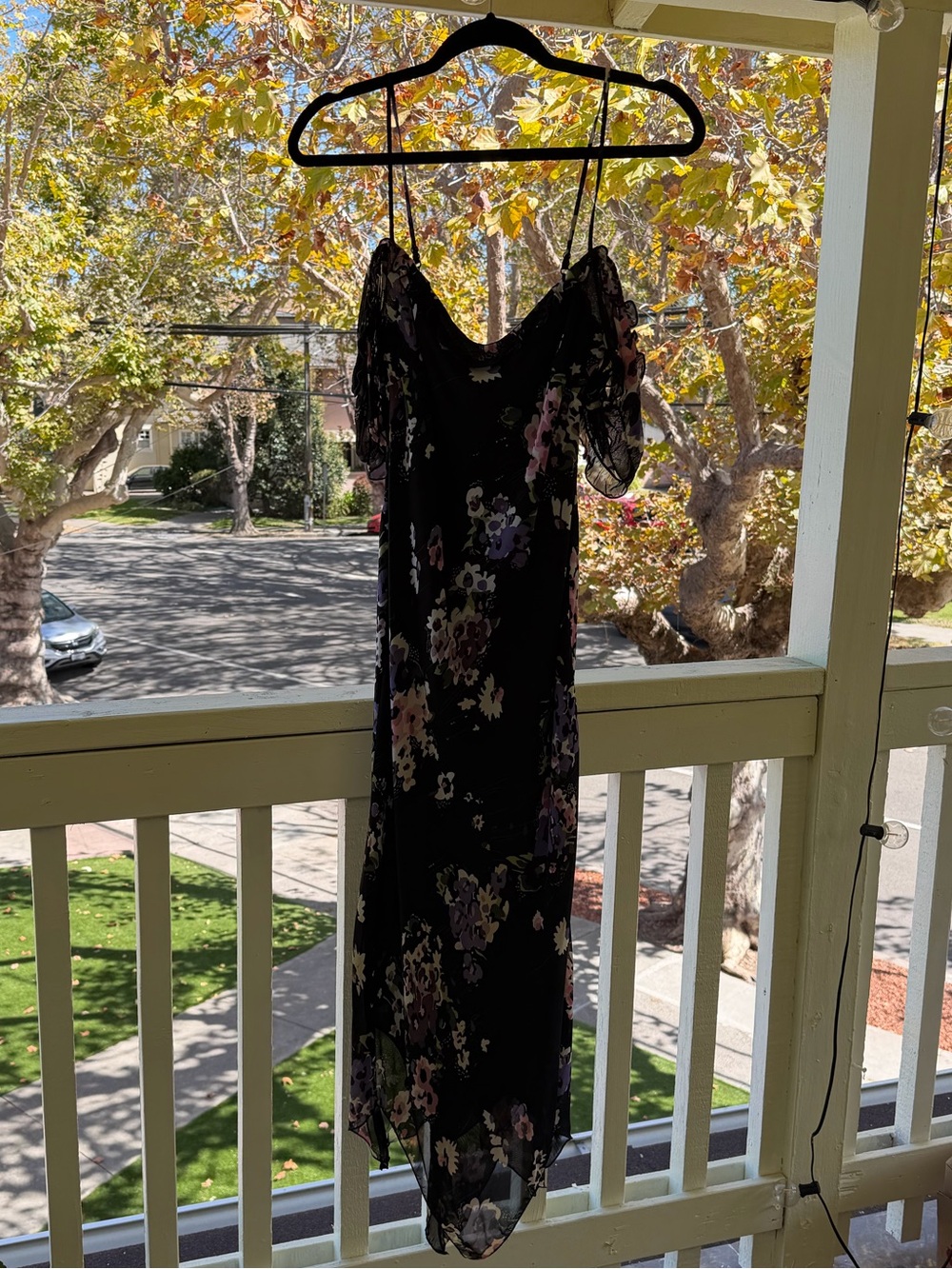 Betsey Johnson Black Floral Midi Dress with Spaghetti Straps
